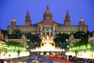 The National Palace Magic Fountain on Plaza de Espaynya at night in Barcelona, Spain