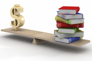 Sign dollar and the books on scales. 3D image.
