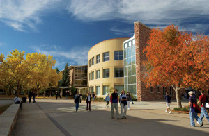 Students walk in the plaza near the Morgan Library, Colorado State University.